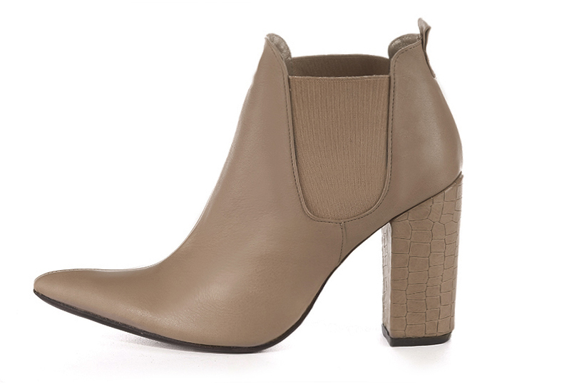 Tan beige women's ankle boots, with elastics. Tapered toe. Very high block heels. Profile view - Florence KOOIJMAN